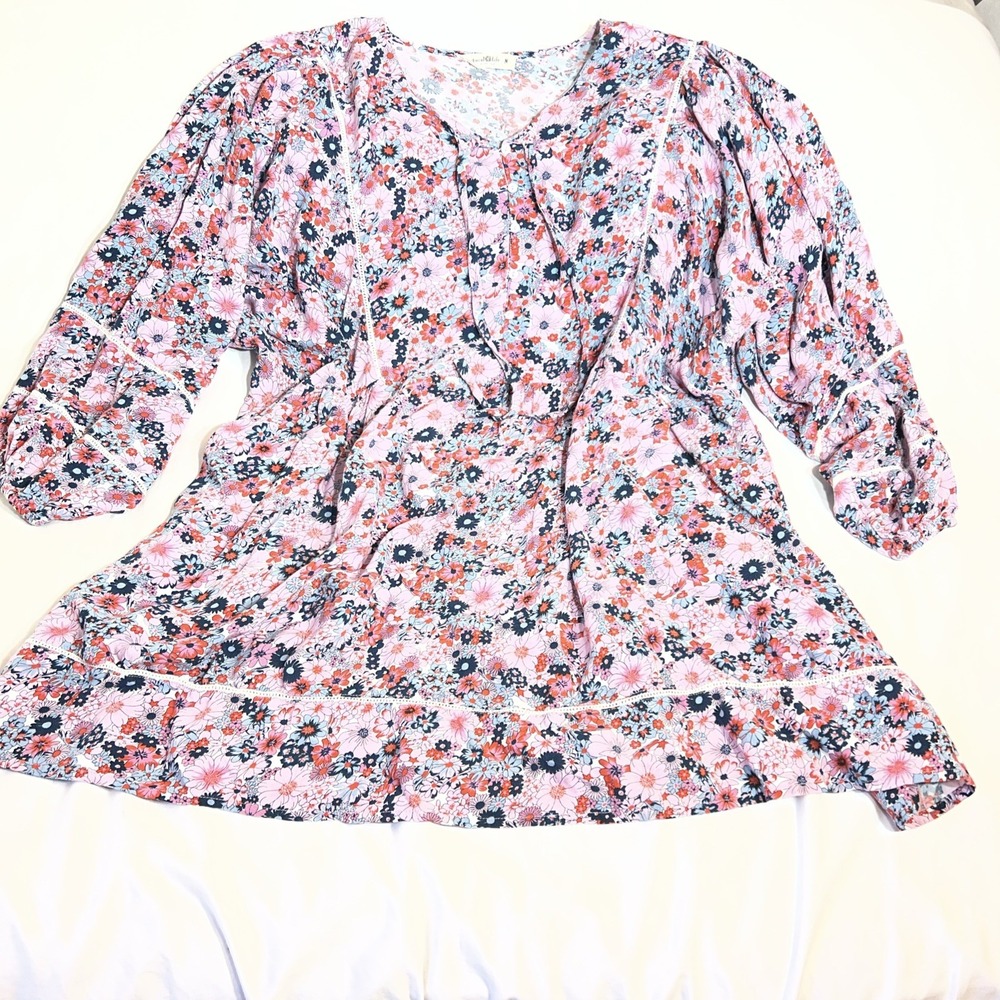 Natural Life Floral Embroidered Tunic Mini Dress Boho Peasant Pink Multicolor M